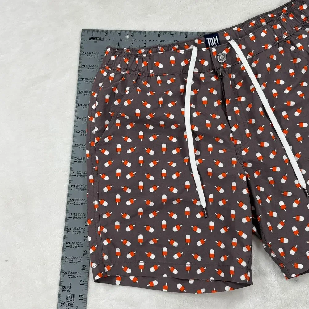 Tom & Teddy Mens Swim Shorts Grey Orange Popsicle Print Drawstring Mesh Lined M